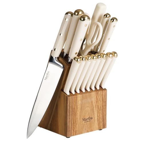 Martha Stewart 16 Piece Lockton High Carbon Stainless Steel Cutlery Kitchen Knife Block Set W/ABS Tripe Riveted Forged Handle Acacia Wood Block - Linen White W/Gold | Amazon (US)