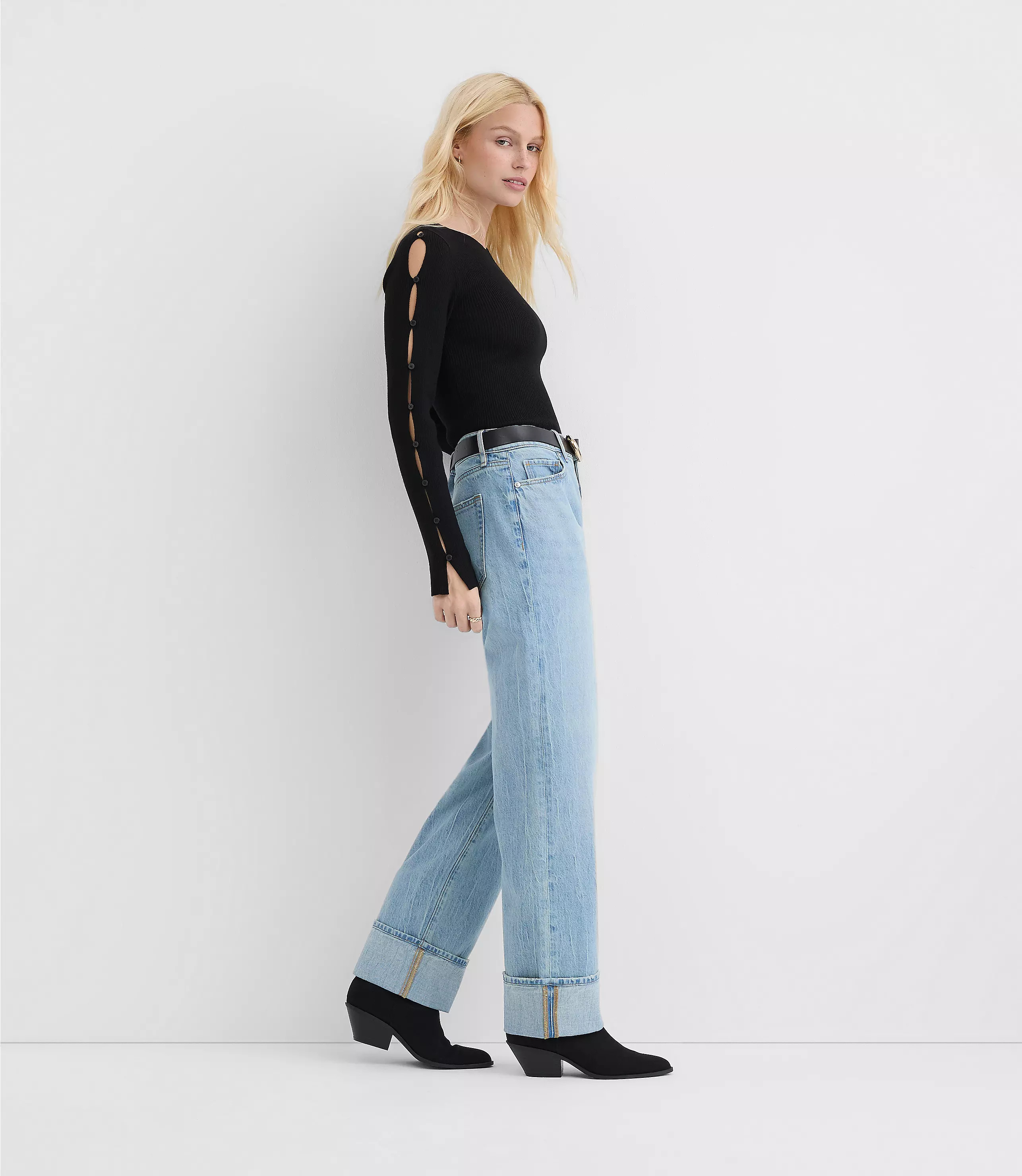 Rivete Tall Cuffed Mid Rise Relaxed Straight Jeans in Light Wash | LOFT
