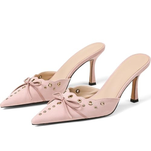 Mules for Women Black Kitten Heels Suede Closed Pointed Toe Kitten Pumps Slip On Bow Shoes Dress Sandals | Amazon (US)