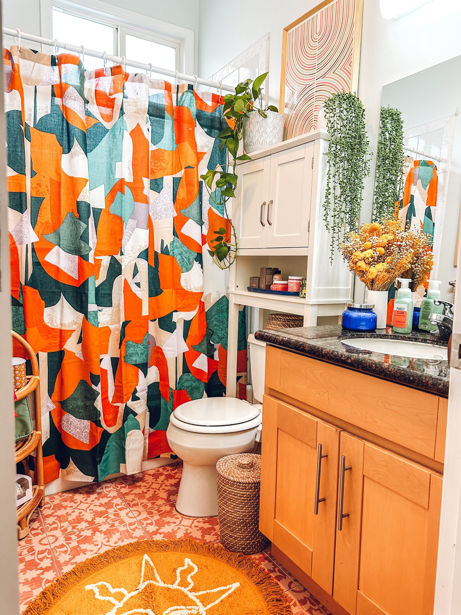 Shower curtain bathroom boho colorful eclectic small spaces home decor apartment decor color pink bohemian Jungalow tiles trash can yellow

#LTKsalealert #LTKhome #LTKunder50