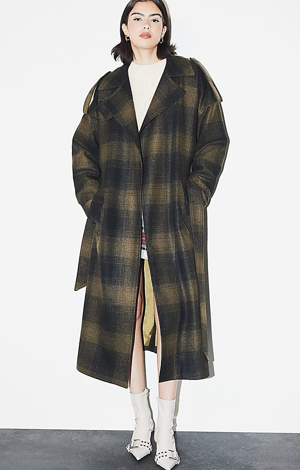 Green dark checked belted coat | River Island UK & IE