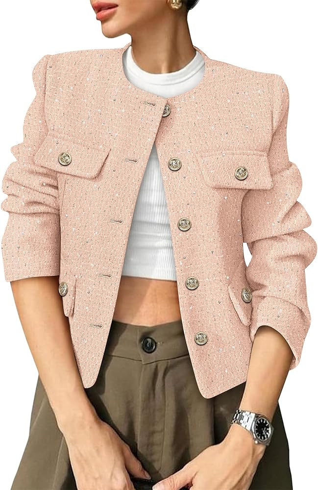 Women's Tweed Blazers Trendy Fall Casual Collarless Button Down Sequin Tops Cropped Jackets with ... | Amazon (US)
