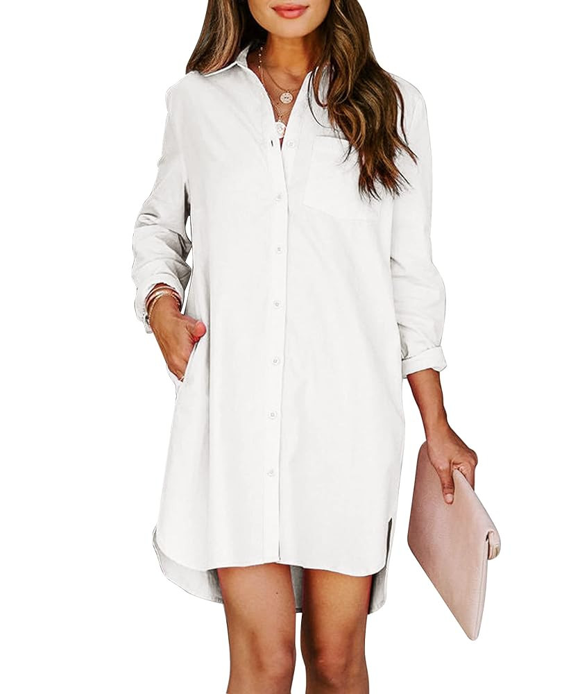 Womens Button Down Shirt Dresses with Pockets Cotton Button Up Tunics Long Sleeve Solid High Low ... | Amazon (US)