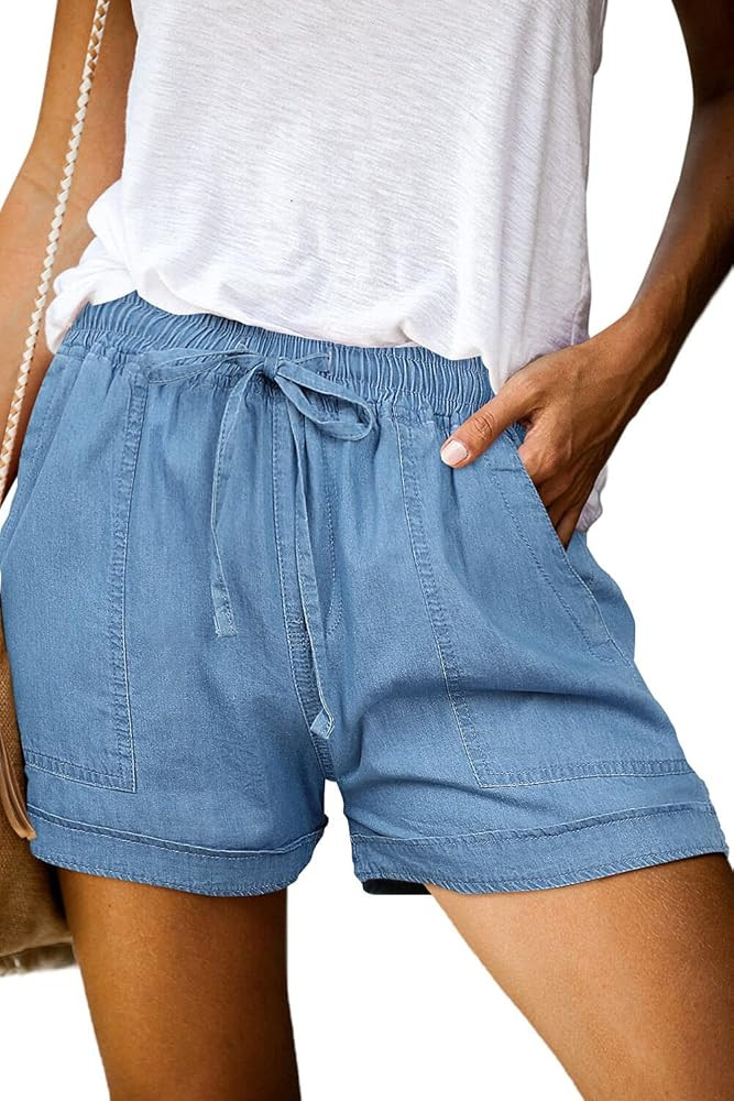 ONLYSHE Womens Casual Drawstring Shorts Summer Elastic Waist Shorts Pocketed Pants | Amazon (US)