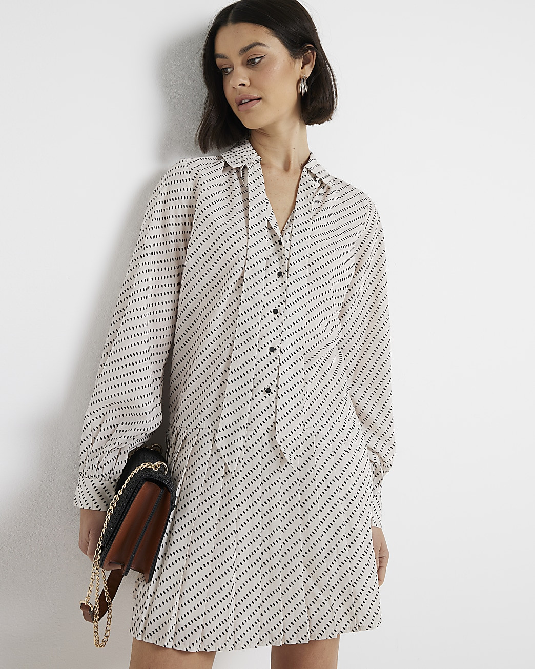 Cream spot pleated mini shirt dress | River Island (UK & IE)