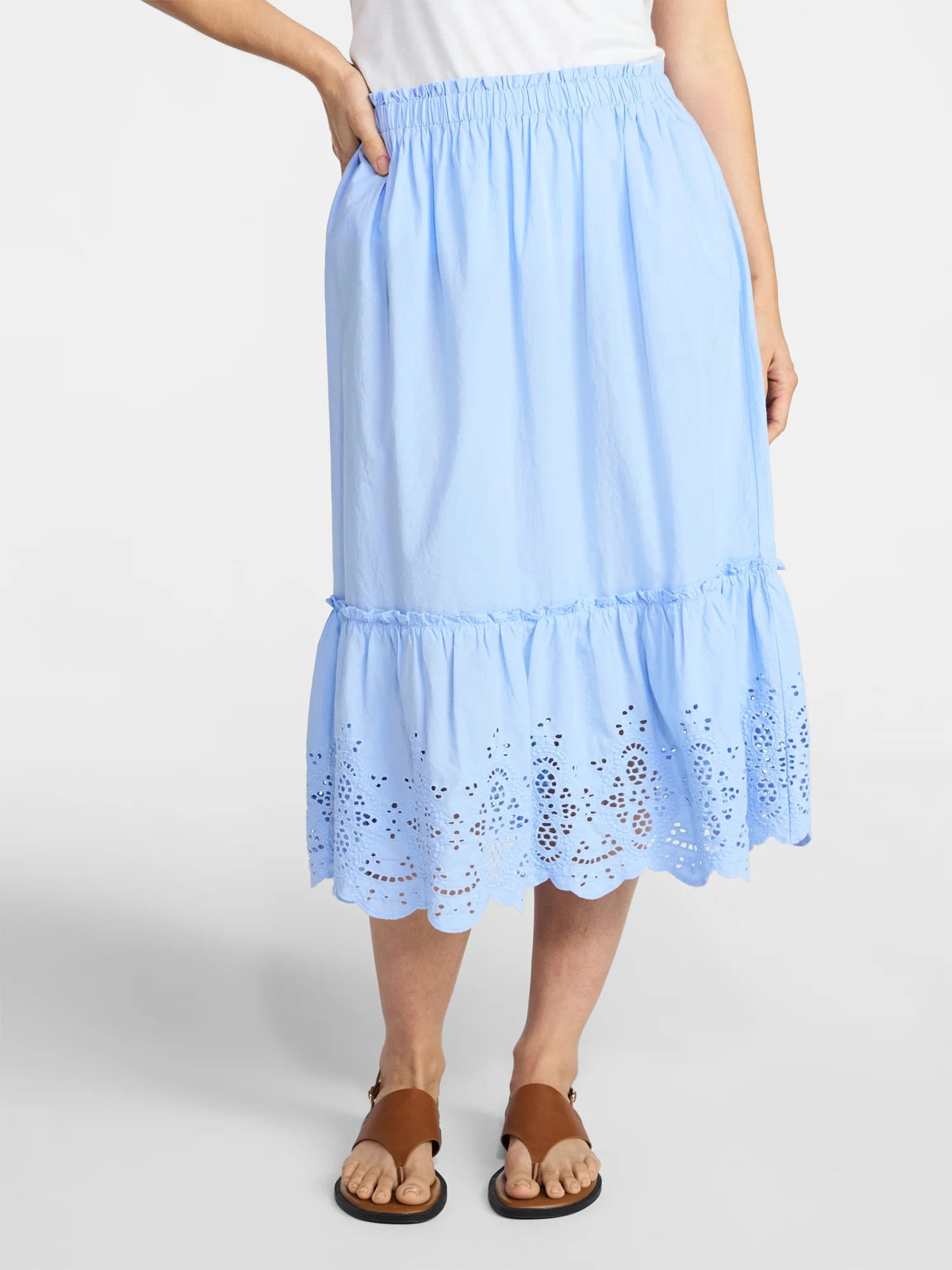 Time and Tru Women's Cotton Eyelet Hem Midi Skirt, Sizes XS-XXXL | Walmart (US)