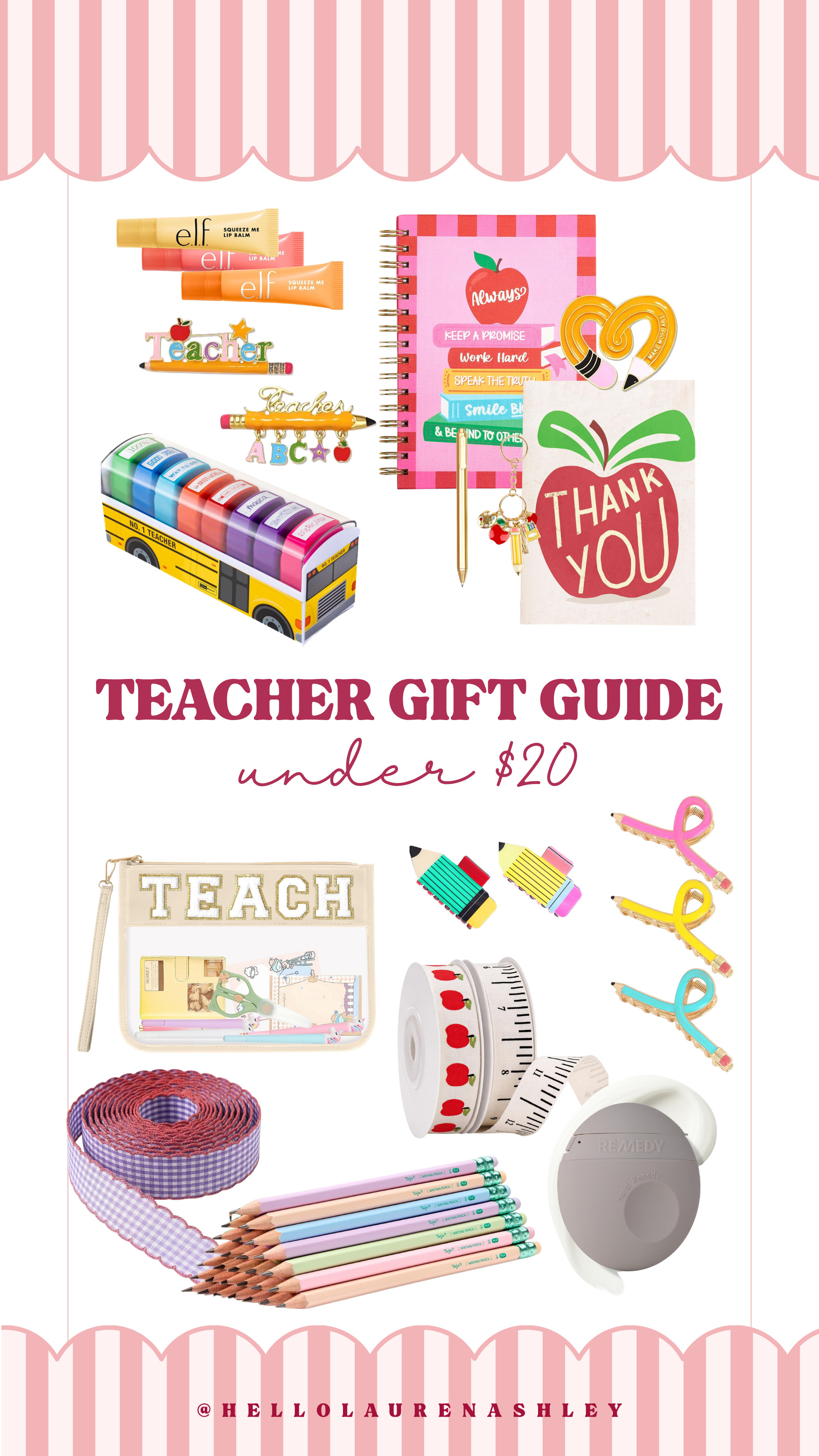 Teacher gift guide under $20 🍎 the cutest thank you gifts for teachers, lip balms, apple planners, pencil pouches, hair clips, and thank you cards, all budget friendly and so sweet. Perfect teacher appreciation gifts!  

 #LTKmomlife #LTKSeasonal #LTKKids