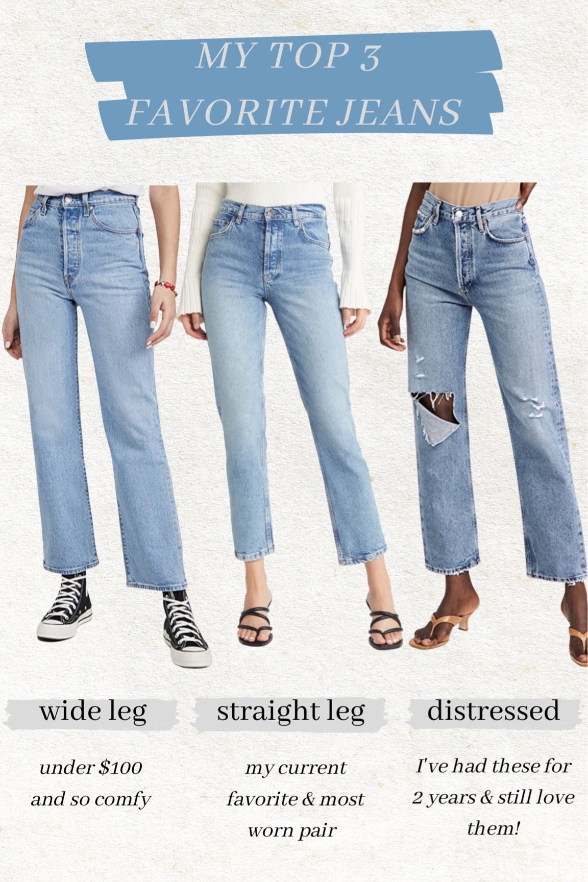 My top 3 favorite jeans right now! This wide leg Levi’s pair are such a good deal at under $100. I’ve had the distressed Agolde pair for years  and still love them! My current favorite Rails pair I got recently at Nordstrom and I can’t stop wearing them 🤩

Favorite denim; favorite jeans; agolde 90s pinch waist; distressed denim; straight leg jeans; wide leg jeans; Christine Andrew; shopbop; amazon fashion; Nordstrom 

#LTKunder100 #LTKstyletip