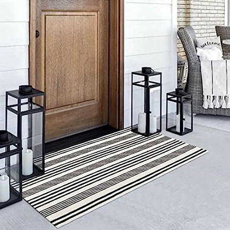 Black and White Striped Rug 24'' x 51''Outdoor Front Porch Rug Hand-Woven Machine Washable Indoor/Ou | Amazon (US)
