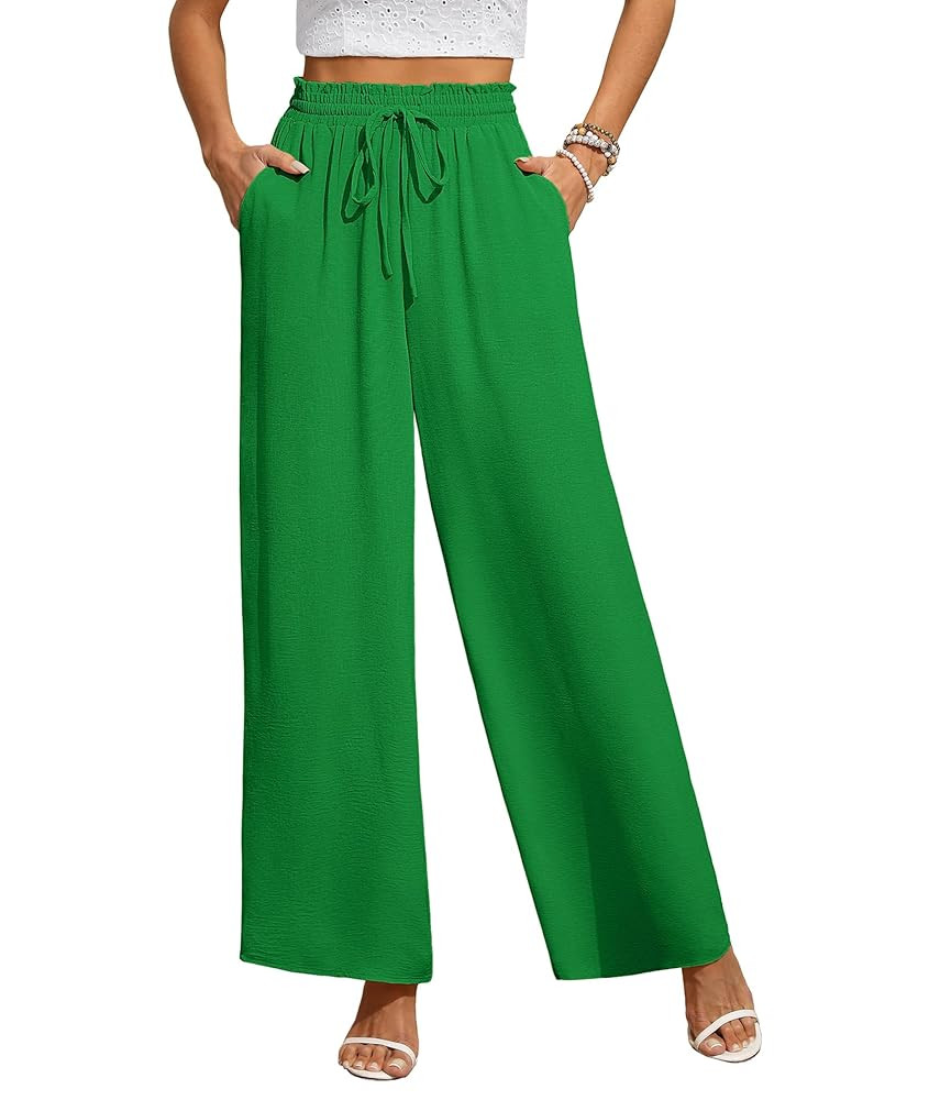 CZYINXIAN Women's Casual Wide Leg Pants Flowy Adjustable Tie Knot Elastic Waist Pants with Pocket... | Amazon (US)