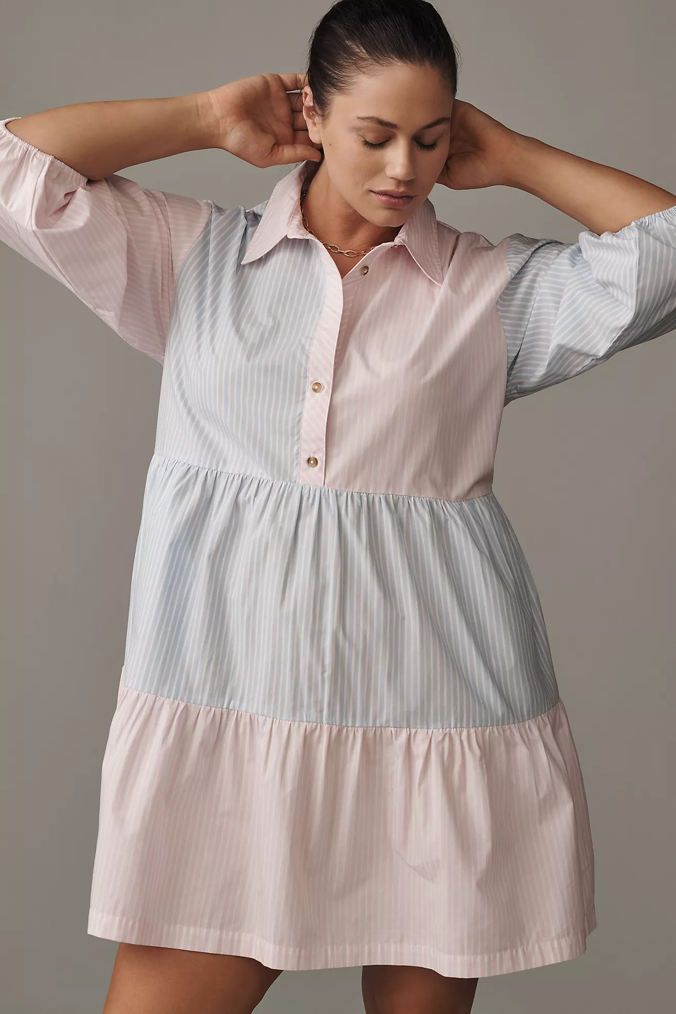 The Bettina Stripe Mix Tiered Mini Shirt Dress by Maeve | Anthropologie (US)