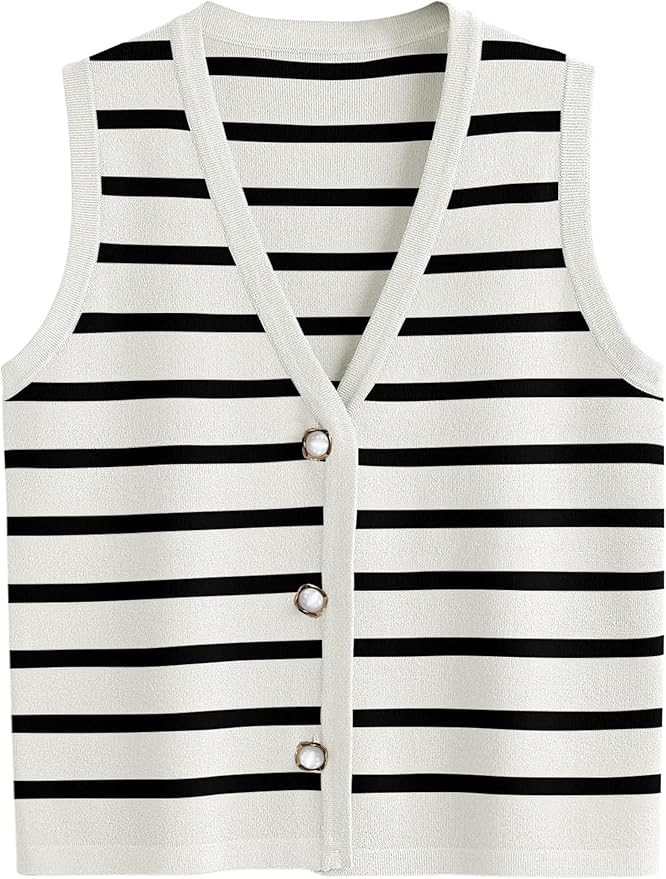 Striped Sweater Vest Women Summer Sleeveless V Neck Button Up Knit Vests Tank Tops 2024 | Amazon (US)