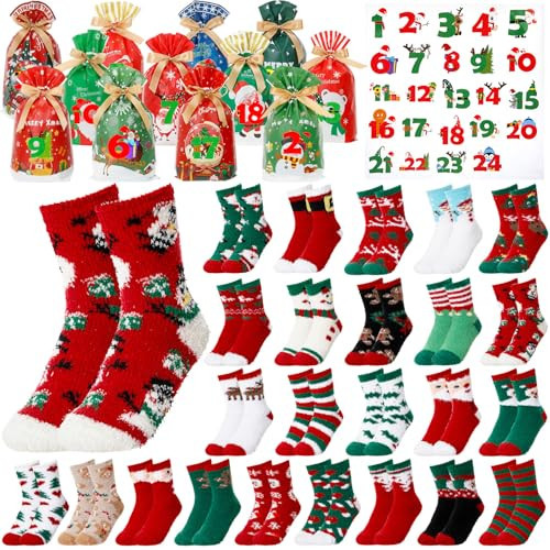 Cotwinter 24 Pairs Christmas Sock Advent Calendar 2025 24 Days Christmas Countdown Calendar Gifts Xmas Fuzzy Socks with Drawstring Gift Bags Stickers Surprise Xmas Gifts for Women Adults(Novel Style) | Amazon (US)