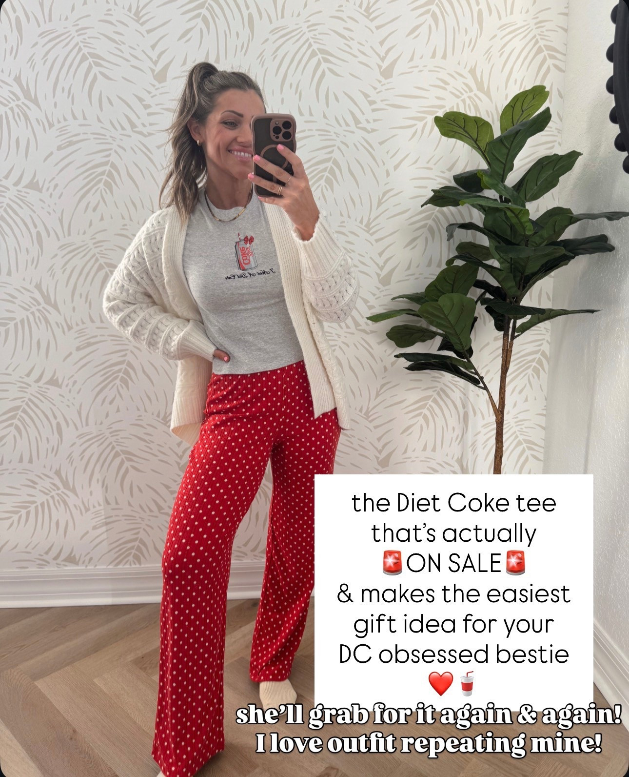I have size M in this tee. It runs tiny! Soooo cute for the Diet Coke lover in your life!!! XS cardigan — cardigan also makes a great affordable gift idea! It’s so soft. I even slept in it in the cabin in Tennessee over Thanksgiving break! I’m obsessed with it 