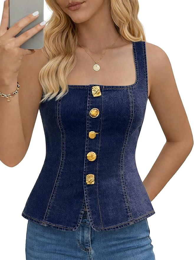 Women's Sleeveless Denim Vest, Square Neck Fitted Jean Top for Summer Fashion | Amazon (US)