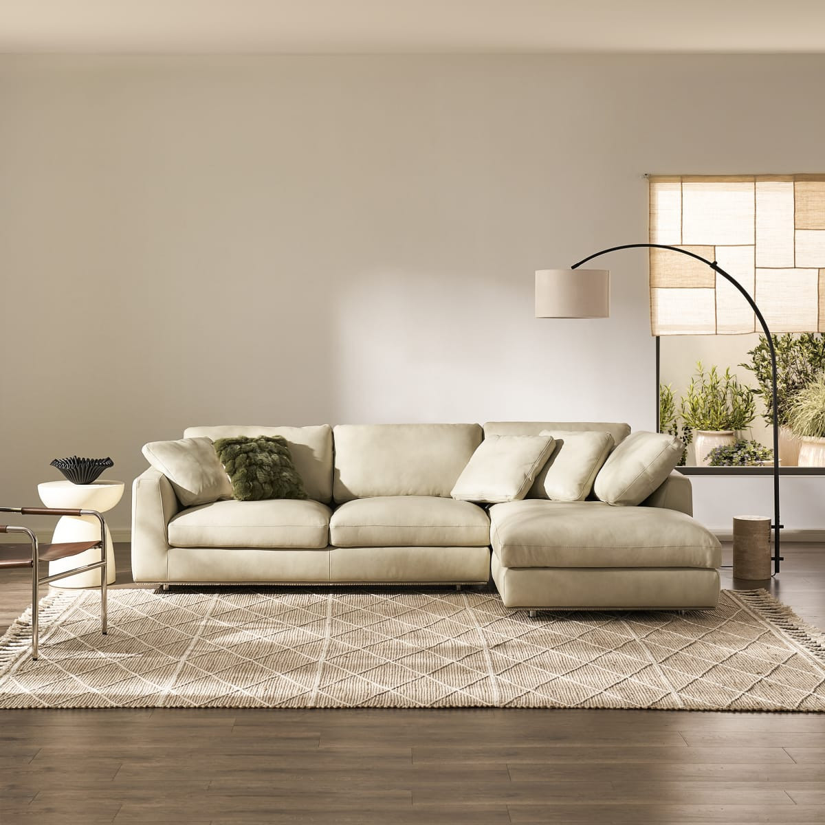 Leather Chaise Sectional Sofa with Deep Seats and Hidden Storage Ottoman - Ivory | Hamilton by Castlery | Castlery US