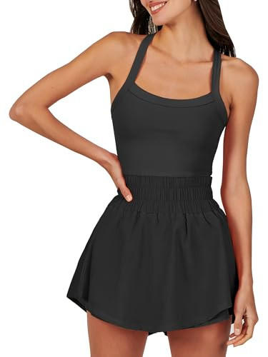 ANRABESS Womens Mini Tennis Dresses Skort Summer Sleeveless One Piece Workout Romper Dress with Shorts Athletic 2025 Outfit Black Small | Amazon (US)