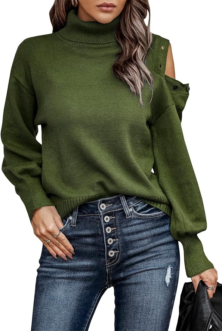 KIRUNDO Women’s 2022 Fall Turtleneck Button Cold Shoulder Sweater Casual Solid Color Lantern Sleeve  | Amazon (US)
