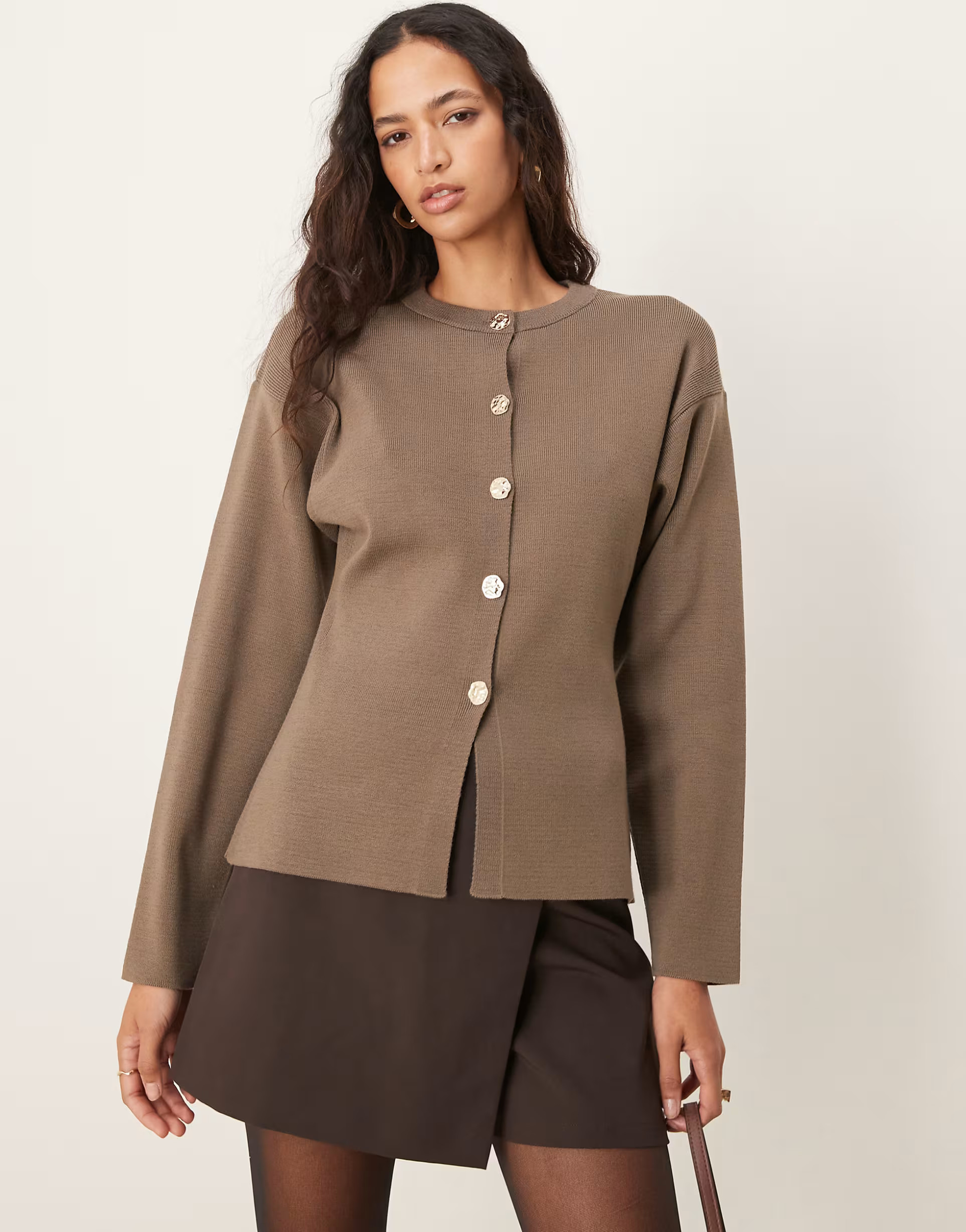 ASOS DESIGN knitted structured crew neck cardigan with gold buttons in chocolate | ASOS | ASOS (Global)