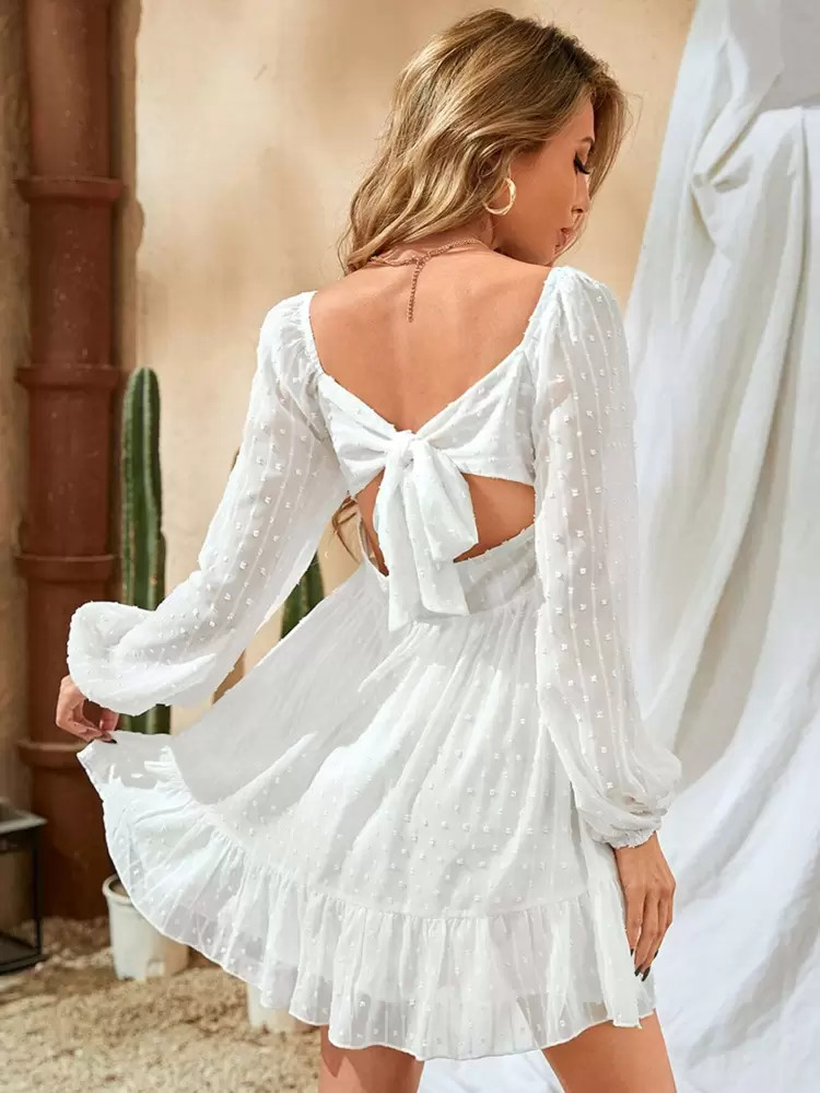 SHEIN Swiss Dot Square Neck Ruffle Hem Tie Back Dress | SHEIN