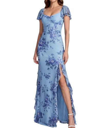 GLNEGE Women's Floral Wedding Guest Maxi Dresses Bodycon Sweetheart Neck Ruffle Dress Slit Formal... | Amazon (US)