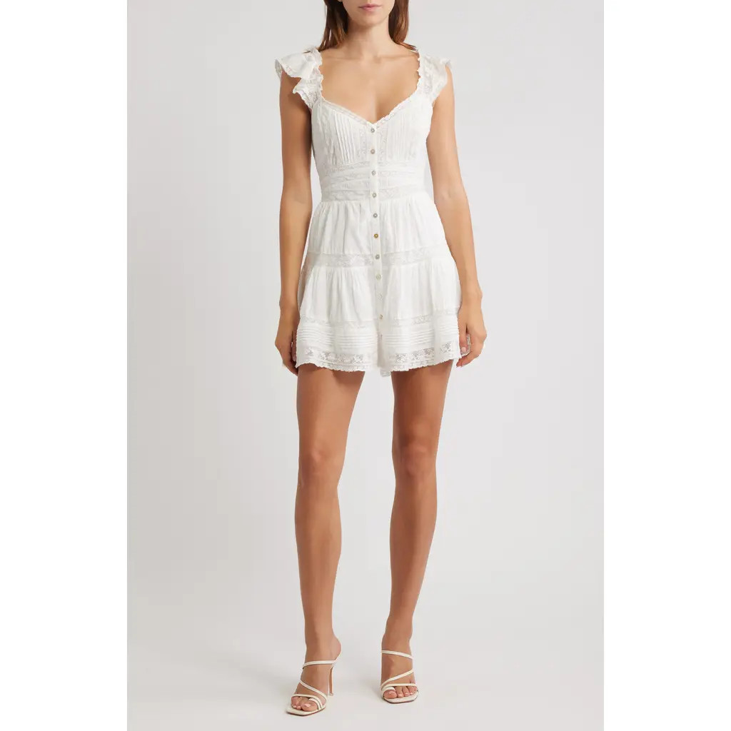 LoveShackFancy Rietta Lace Inset Cotton Button-Up Minidress in Optic White at Nordstrom, Size Medium | Nordstrom