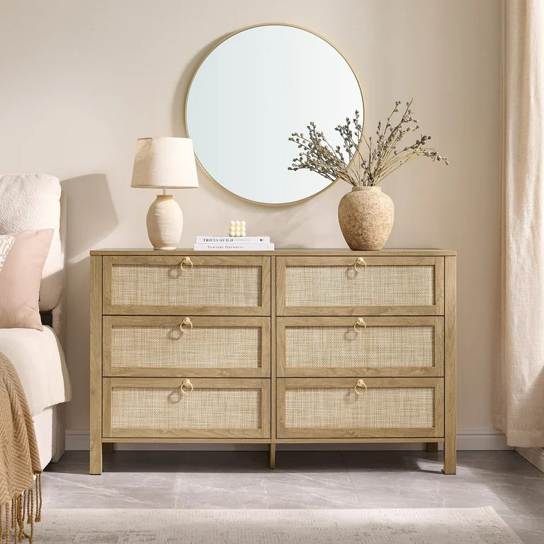 SICOTAS 51.14" Wide 6-Drawer Rattan Dresser, Large Boho Chest of Drawers with Gold Handle for Bed... | Walmart (US)