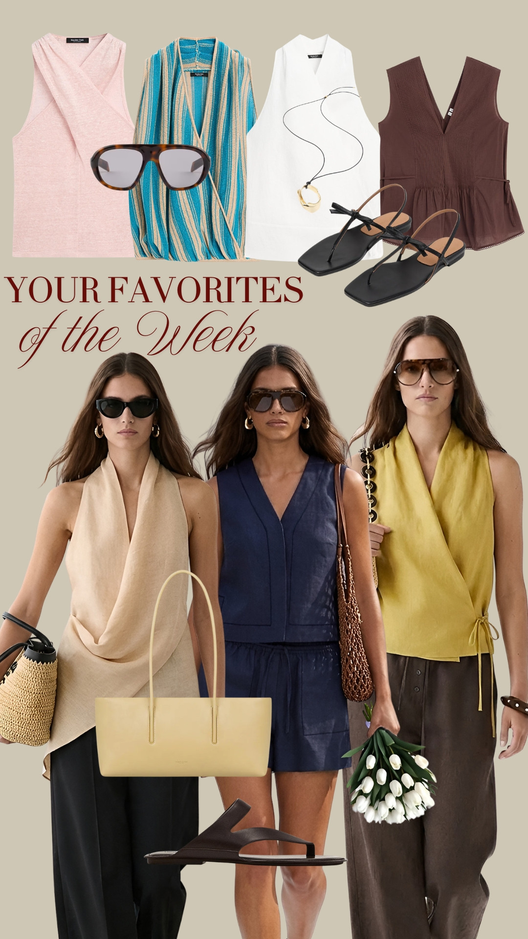 BESTSELLERS OF THE WEEK ✨ Your most loved summer pieces of the week ✨ TAGS: brown peplum top, pink halter top, striped turquoise and neutral top, white halter top, butter yellow halter top, navy co-ord set, brown aviator sunglasses Prada, brown sandals Massimo Dutti, yellow linen top, brown linen trousers, sage linen trousers Massimo Dutti, golden and lace necklace Massimo Dutti, black sandals Flattered 

 #LTKsummer #LTKdatenight #LTKshoes
