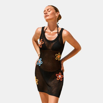 Cupshe Women's Crochet Cover Up Dress with Floral Embroidery-L-Black | Target