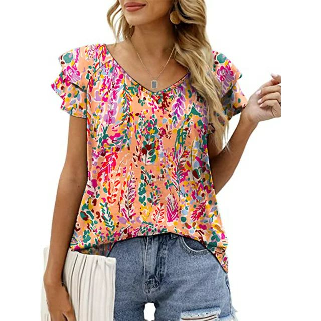 Mengpipi Womens Tops Summer Double Ruffle Short Sleeve V-Neck Casual Blouses, Colorful Leaves-L(U... | Walmart (US)
