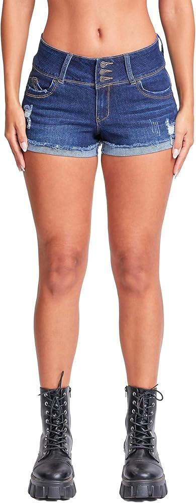 YMI Women's Junior Wannabettabutt 3 Button Mid-Rise Cuffed Lightly Distressed Denim Short | Amazon (US)