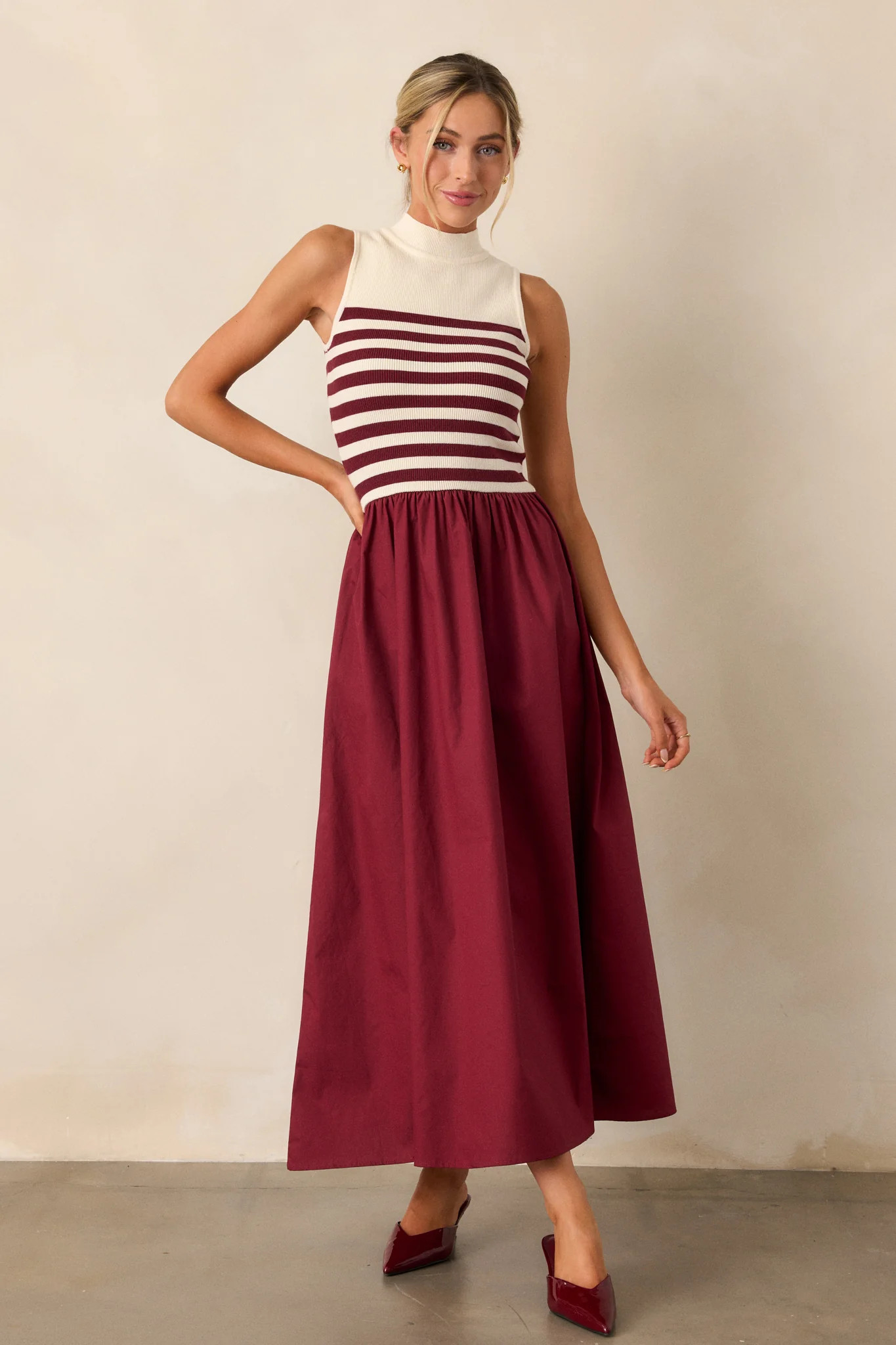 Timeless Treasures Burgundy Sleeveless Striped Maxi Dress | Red Dress