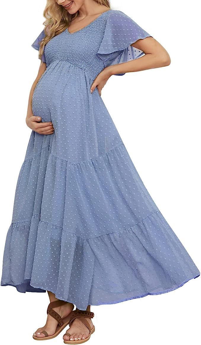 Swiss Dot Smocked Maternity Dress for Baby Shower Photoshoot Casual V Neck Ruffle Sleeve Empire W... | Amazon (US)