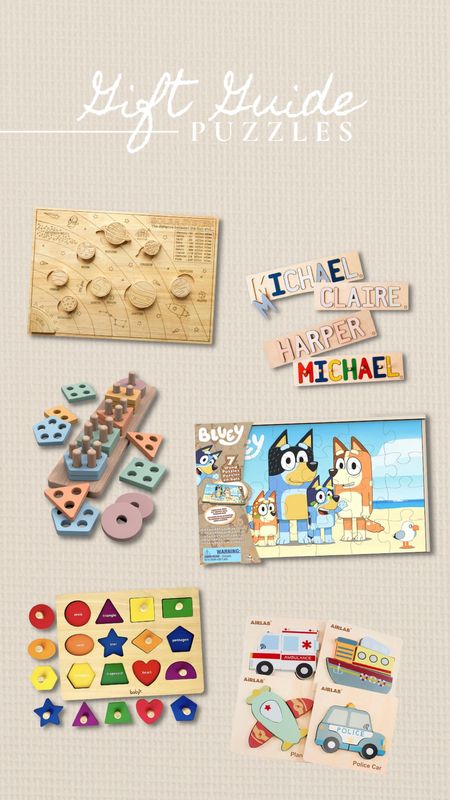 Holiday gift guide, kids gift guide, kids puzzles, personalized puzzle, wooden puzzles, learning puzzles, kids learning, learning shapes, Bluey, Christmas list, Christmas presents, kids Christmas 

#LTKHoliday #LTKSeasonal #LTKkids