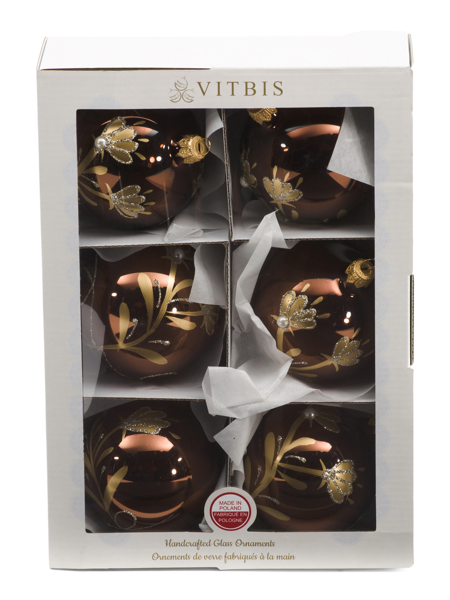 Made In Poland Set Of 6 Glass Handcrafted Ornaments With Floral Design | Marshalls