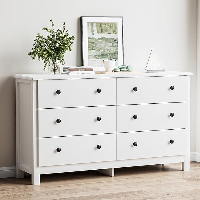 White Dresser, Modern 6 Drawer Double Dresser for Bedroom with Black Knobs, Adults & Kids Wide Dr... | Amazon (US)