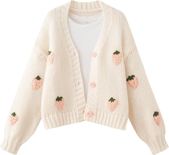 FindThy Women’s Kawaii Strawberry Embroidered Cardigan Long Sleeve V Neck Chunky Knitted Cardig... | Amazon (US)