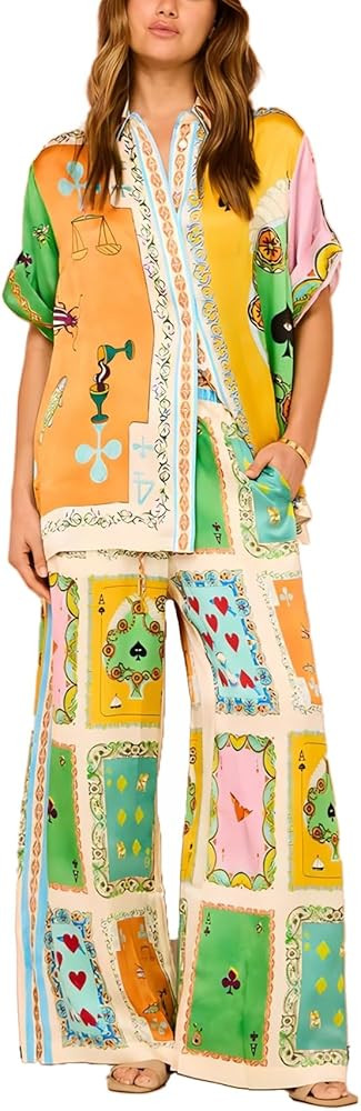 Womens 2 Piece Boho Print Summer Beachwear Suit Sets Short Sleeve Button Down Shirt Wide Leg Pant... | Amazon (US)