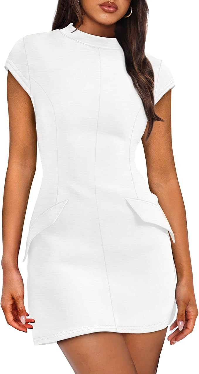 OFEEFAN Womens Summer Dress Mock Neck Short Sleeve Bodycon Party Club Mini Dresses | Amazon (US)
