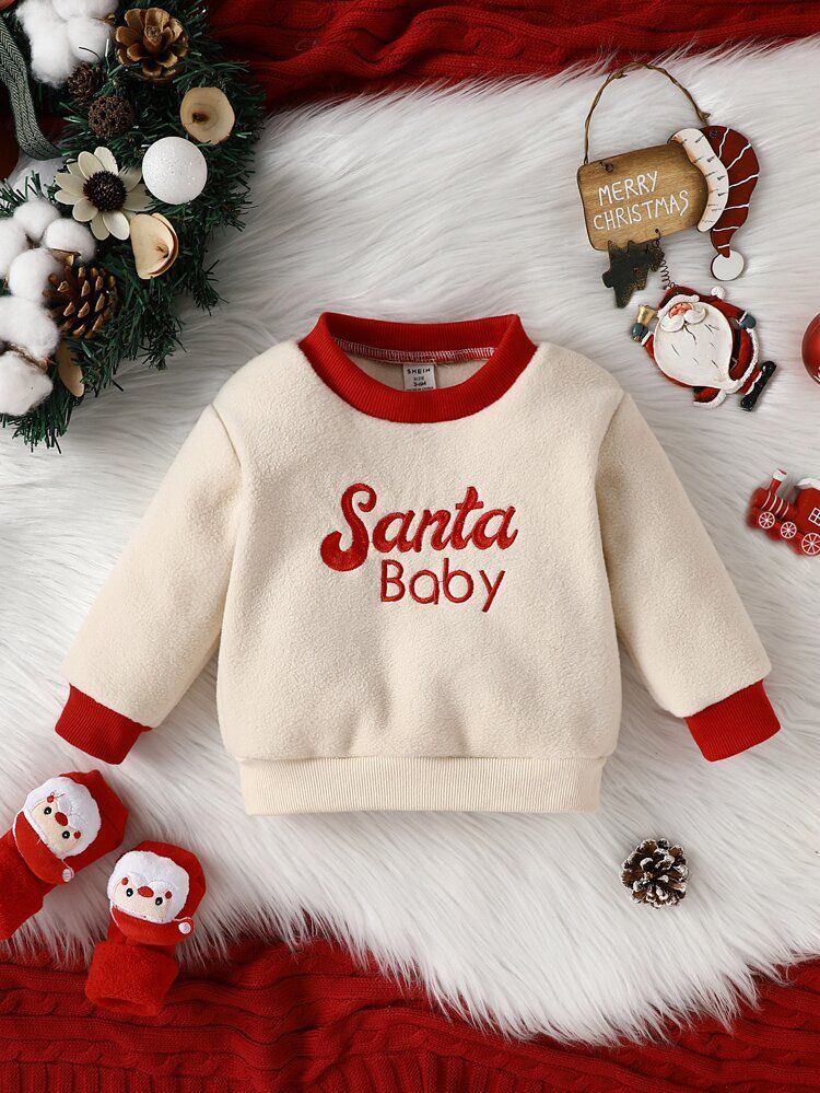 Baby Christmas Letter Embroidery Contrast Trim Sweatshirt | SHEIN