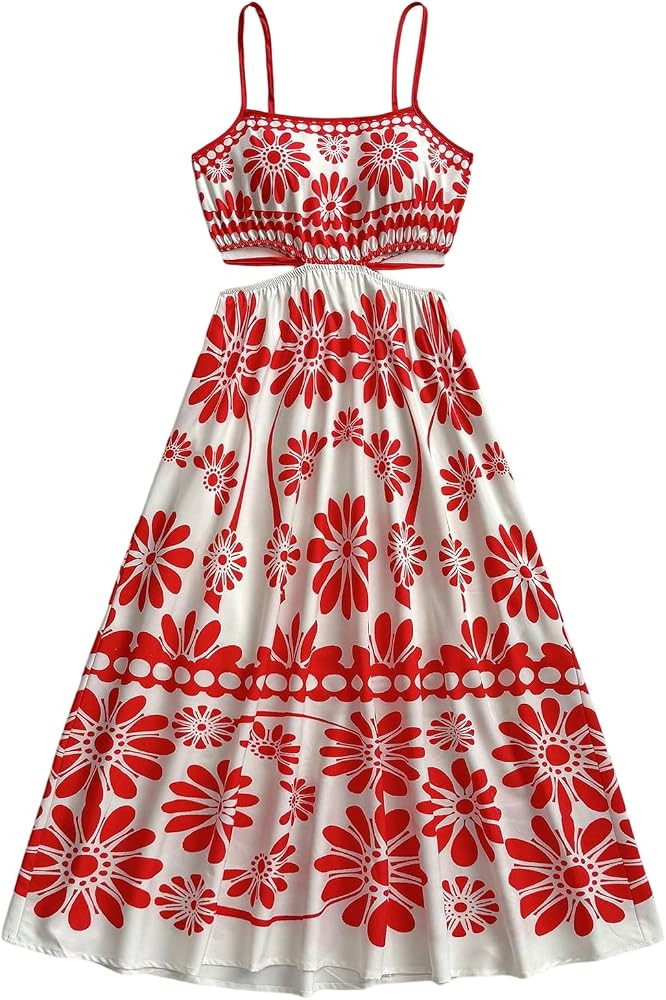 Floerns Women's Cut Out Tropical Spaghetti Strap Midi Dress Summer Beach Vacation Flowy Dresses | Amazon (US)