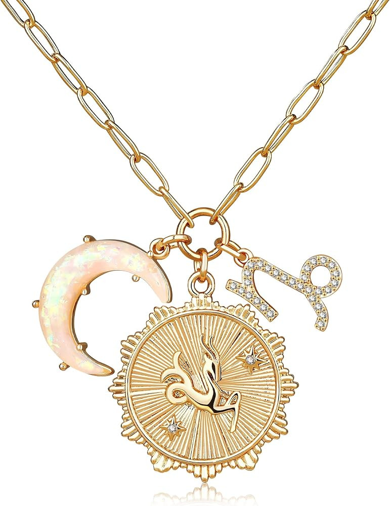 Gold Zodiac Sign Coin Necklace with Opal Crescent Moon Charm for Women Trendy Girls, Dainty Gold ... | Amazon (US)