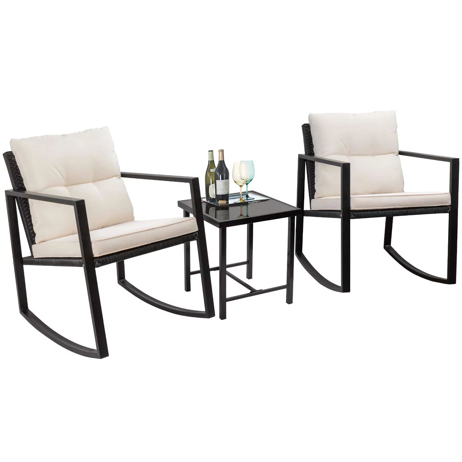 Walnew 3 Pieces Patio Furniture Set Rocking Wicker Bistro Sets Modern Outdoor Rocking Chair Furni... | Walmart (US)