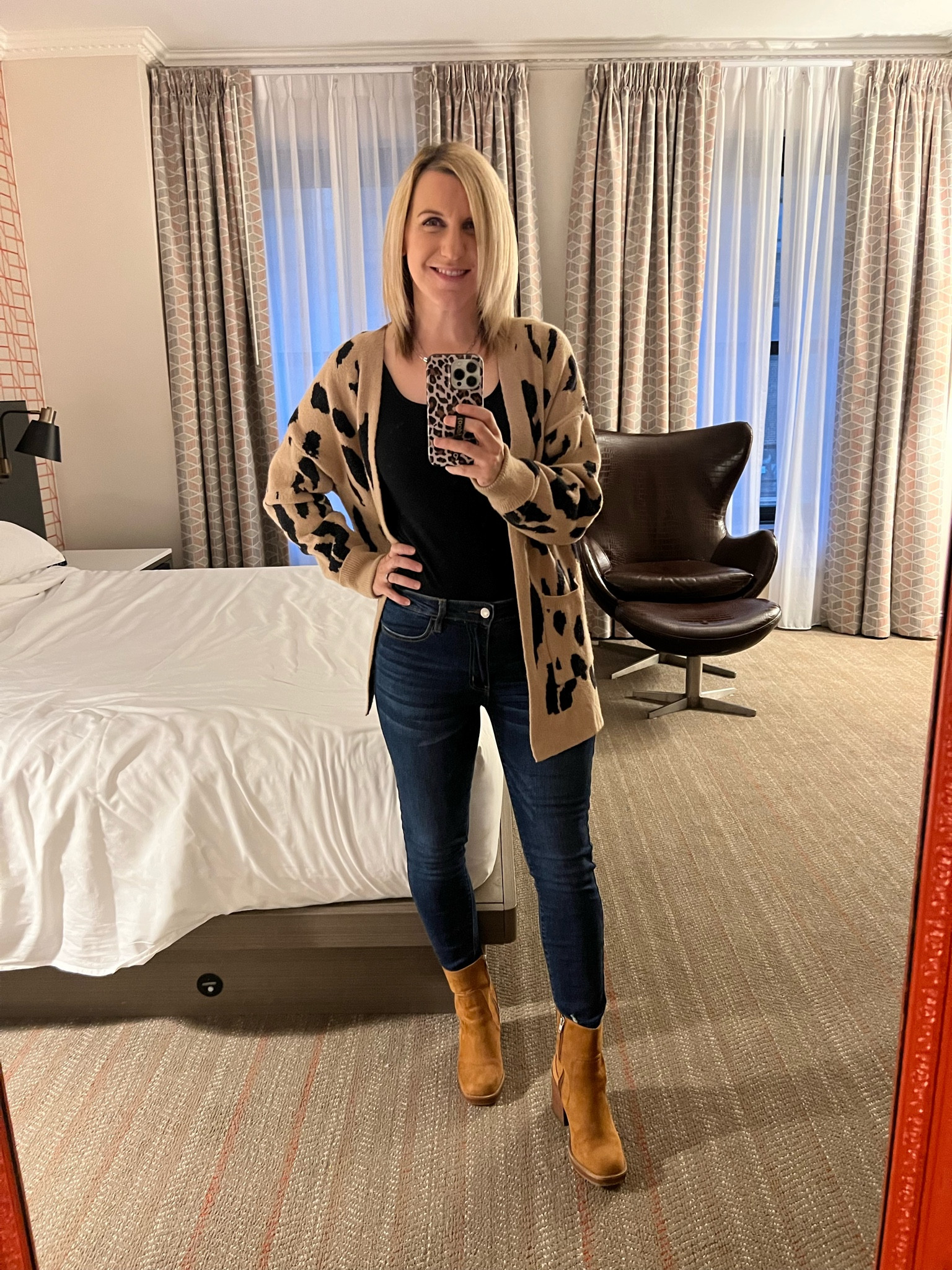 Fall outfit of the day. Had to take a photo with this huge mirror in my hotel room. Wearing a small in this cozy Amazon cardigan and 4 in jeans. 
Fall outfit, thanksgiving outfit

#LTKstyletip #LTKSeasonal #LTKHoliday