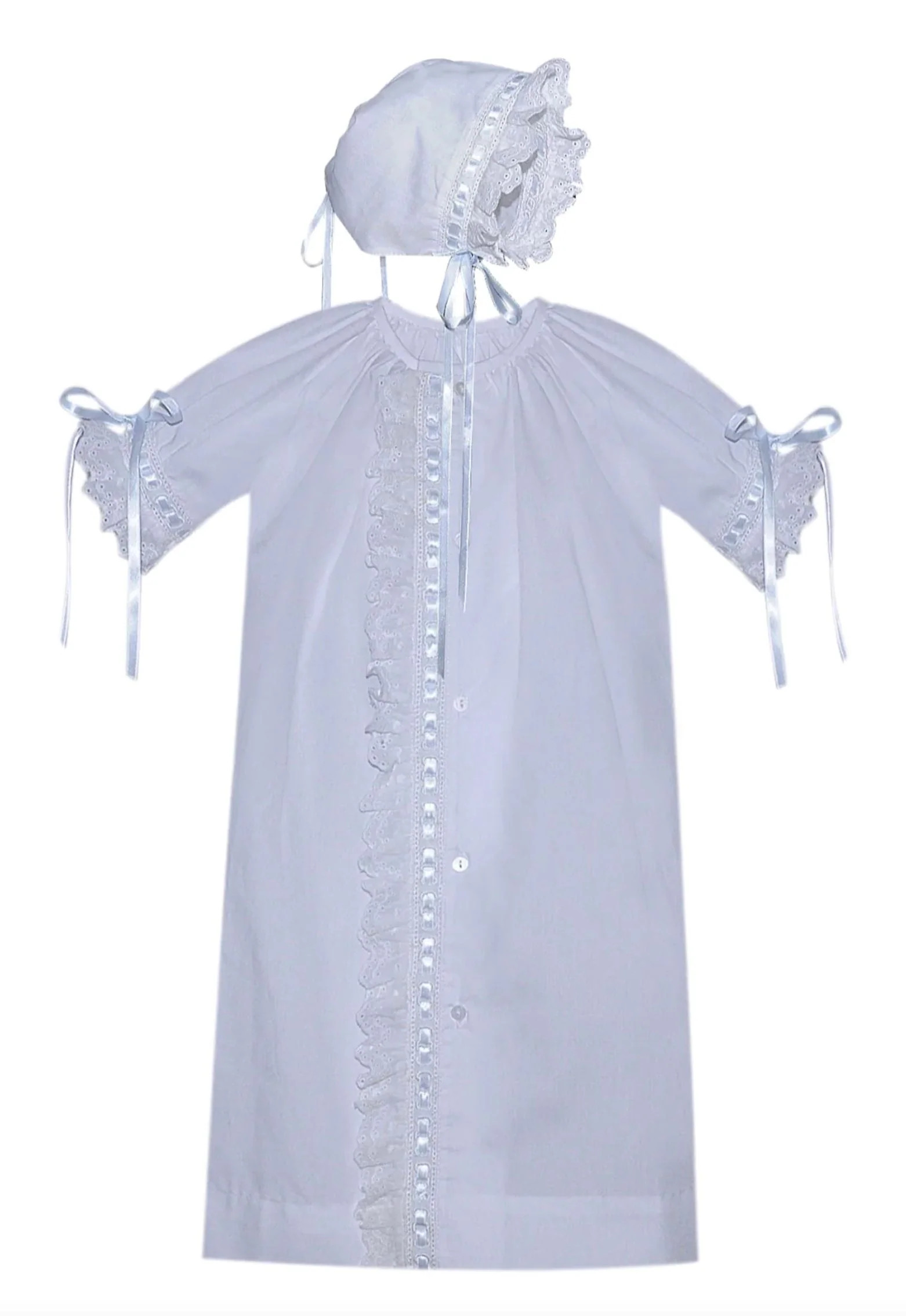 White Finn Daygown with Eyelet Lace and Blue Ribbon | The Horseshoe Crab