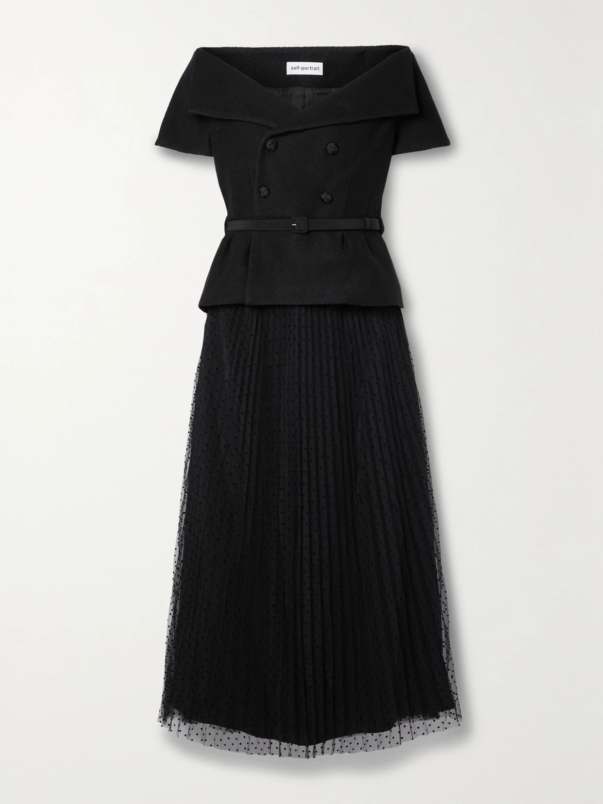 Self-Portrait - Off-the-shoulder Tweed And Pleated Swiss-dot Tulle Midi Dress - Black | NET-A-PORTER (US)