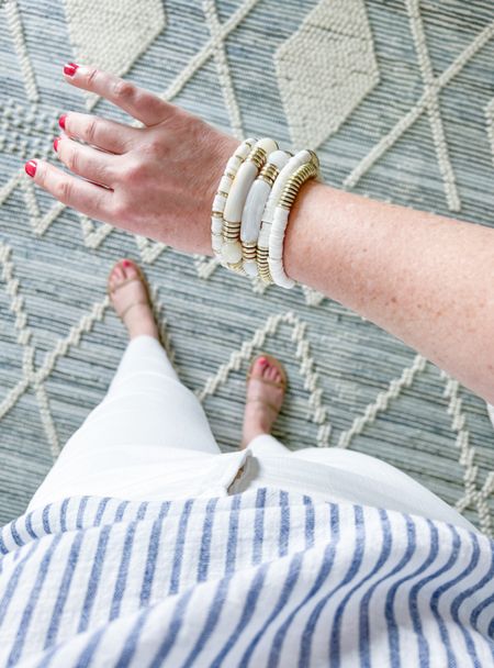 This under $20 bracelet stack from Amazon was one of my most worn accessories last spring & summer! These sandals are very comfy but run narrow so I recommend sizing up, as I did! Also, my living room rug, which I get asked about all the time, is currently 25% off! 
- 
Amazon style, amazon jewelry, amazon bracelet stack, amazon summer bracelet, white beaded bracelets, white cropped jeans, white denim, jcrew factory jeans, white skinny jeans, white flare jeans, minimalist sandals, TKEES sandals, amazon slides, amazon sandals, flat sandals, comfortable sandals, coastal style, amazon fashion, coastal home decor, living room rug, blue and white rugs, ryder rug, serena & lily rugs, rugs on sale, amazon rugs, coastal rugs, beach house rugs, living room rugs 9x12 rugs, 10x13 rugs, 5x8 rugs, textured rugs, striped tops, spring tops, flutter sleeve tops, blue & white striped top, summer blouses, oversized rugs, blue & white carpets

#LTKStyleTip #LTKSaleAlert #LTKFindsUnder50