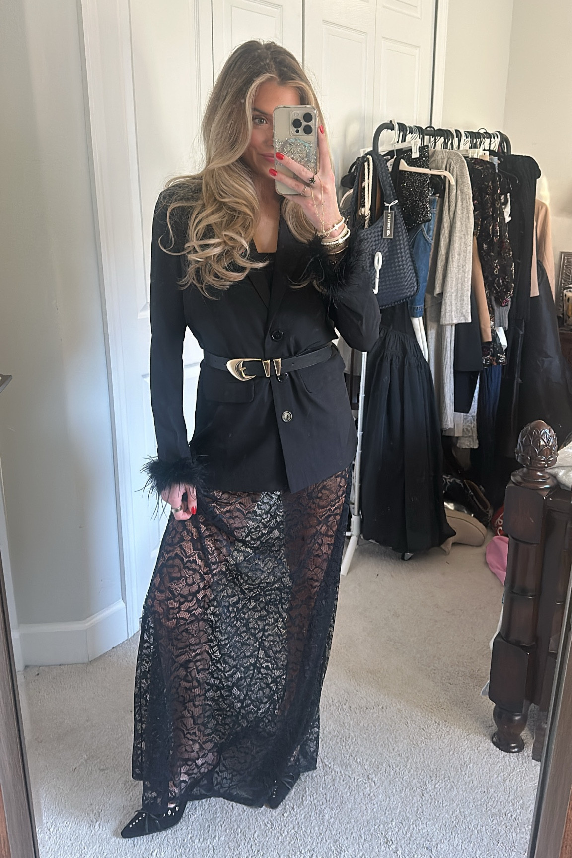 Went a little creative with this outfit today! I layered a lace dress with a blazer so fun with different textures and perfect for holidays. Shop 12th Tribe code SLOANEV10. Black tease me feather trim blazer. Amazon black belt: XZQTIVE Women's Leather Belts for Jeans Dress Pants Black Brown Belts for Women Ladies Waist Belts with Gold Buckle. AFRM lace maxi dress. Kurt Geiger heels. Christmas outfit  

#LTKFindsUnder100 #LTKHoliday #LTKSaleAlert