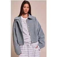 Dusty Blue Faux Suede Covered Placket Bomber Jacket, Blue | PrettyLittleThing UK