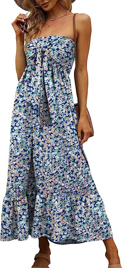 Aifer Womens Strapless Maxi Dresses Summer Bohemian Boho Floral Tube Top Ruffled Beach Long Maxi ... | Amazon (US)